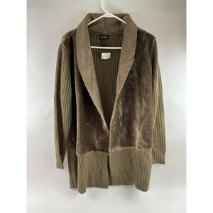CENY Cardigan Sweater Women's Size Small Brown Collared Faux Fur Ribbed NWT!
